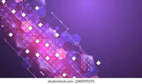 Abstract circuit board and hexagons on gradient color background. Digital technology concept. Handmade vector art.