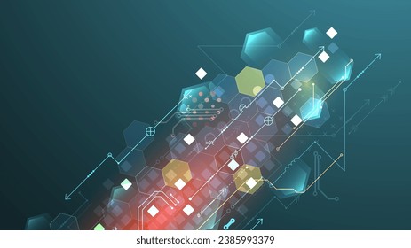 Abstract circuit board and hexagons on gradient color background. Digital technology concept. Handmade vector art.