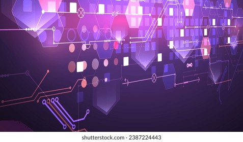 Abstrakte Schalttafel und Hexagons auf Farbverlauf-Hintergrund. Konzept der Digitaltechnik Handgefertigte Vektorkunst.