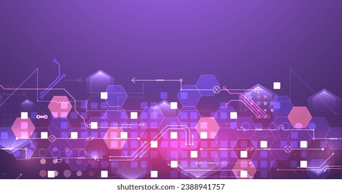Abstract circuit board and hexagons on gradient color background. Digital technology concept. Handmade vector art.