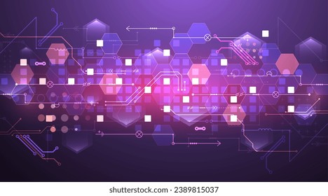 Abstract circuit board and hexagons on gradient color background. Digital technology concept. Handmade vector art.