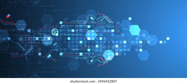 Abstrakte Leiterplatte und Sechsecke auf Farbverlauf-Hintergrund. Hi-Tech-Konzept für digitale Technologie.
