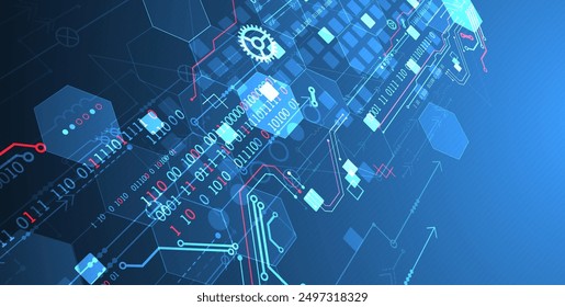 Placa de circuito Abstractas y hexágonos sobre fondo de color degradado. Concepto de tecnología digital de alta tecnología.