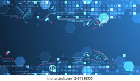 Abstrakte Leiterplatte und Sechsecke auf Farbverlauf-Hintergrund. Hi-Tech-Konzept für digitale Technologie.