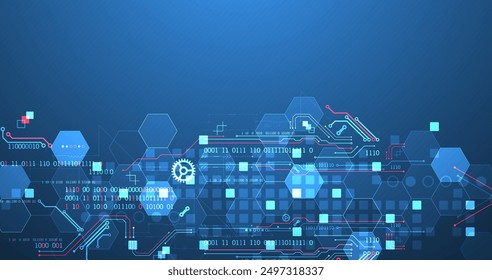 Abstract circuit board and hexagons on gradient color background. Hi-tech digital technology concept.