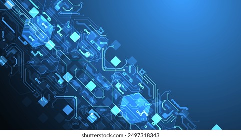 Abstract circuit board and hexagons on gradient color background. Hi-tech digital technology concept.