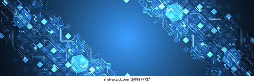 Abstract circuit board and hexagons on gradient color background. Hi-tech digital technology concept.