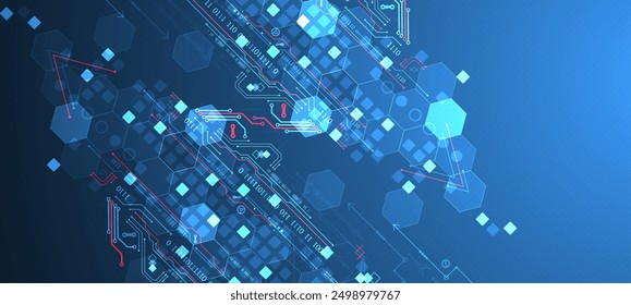 Abstract circuit board and hexagons on gradient color background. Hi-tech digital technology concept.
