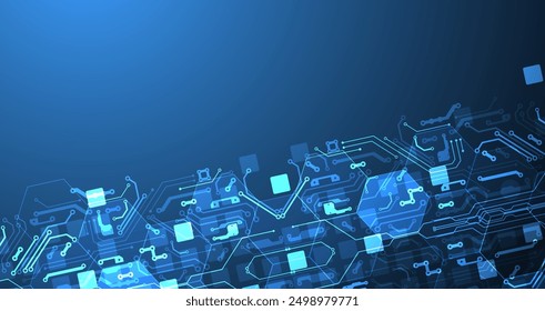 Abstract circuit board and hexagons on gradient color background. Hi-tech digital technology concept.