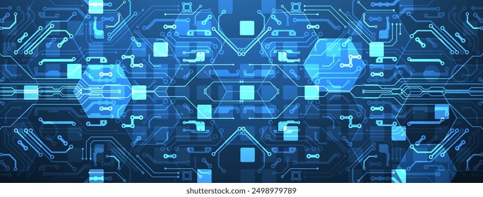 Abstrakte Leiterplatte und Sechsecke auf Farbverlauf-Hintergrund. Hi-Tech-Konzept für digitale Technologie.