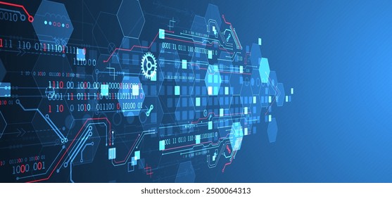 Abstrakte Leiterplatte und Sechsecke auf Farbverlauf-Hintergrund. Hi-Tech-Konzept für digitale Technologie.