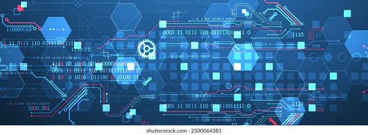 Abstract circuit board and hexagons on gradient color background. Hi-tech digital technology concept.