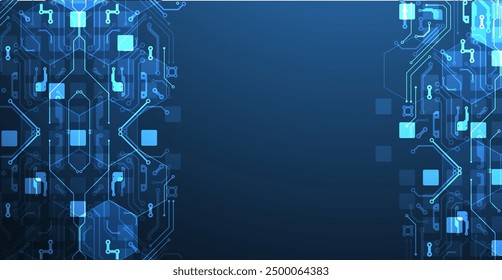 Abstract circuit board and hexagons on gradient color background. Hi-tech digital technology concept.