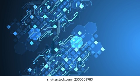 Abstract circuit board and hexagons on gradient color background. Hi-tech digital technology concept.