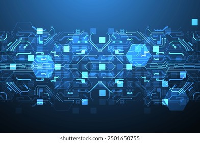 Abstract circuit board and hexagons on gradient color background. Hi-tech digital technology concept.