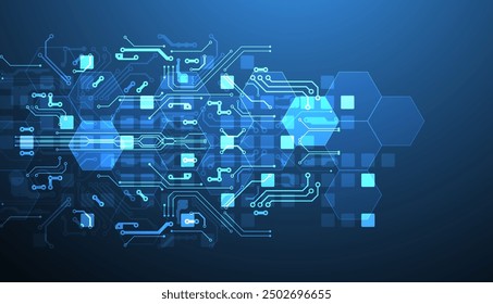 Abstract circuit board and hexagons on gradient color background. Hi-tech digital technology concept.