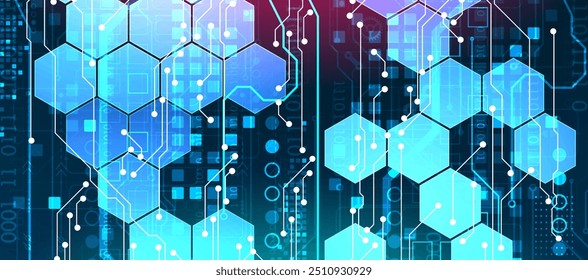 Abstract circuit board and hexagons on gradient color background. Hi-tech digital technology concept. Vector