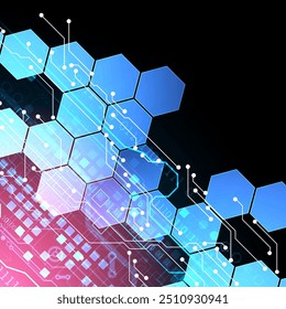 Abstract circuit board and hexagons on gradient color background. Hi-tech digital technology concept. Vector