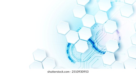 Abstract circuit board and hexagons on gradient color background. Hi-tech digital technology concept. Vector
