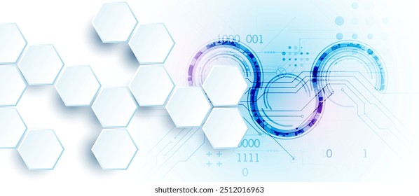 Abstract circuit board and hexagons on gradient color background. Hi-tech digital technology concept. Vector