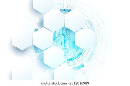 Abstract circuit board and hexagons on gradient color background. Hi-tech digital technology concept. Vector