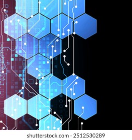 Abstract circuit board and hexagons on gradient color background. Hi-tech digital technology concept. Vector