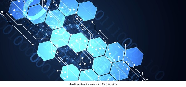 Placa de circuito Abstractas y hexágonos sobre fondo de color degradado. Concepto de tecnología digital de alta tecnología. Vector
