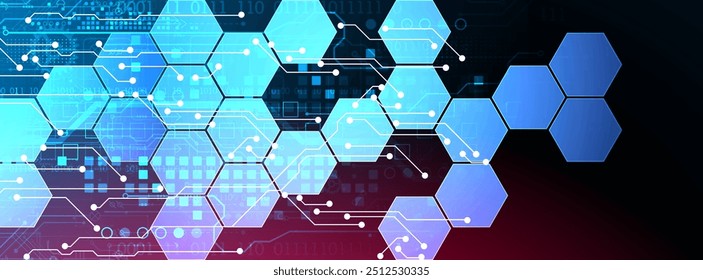 Abstract circuit board and hexagons on gradient color background. Hi-tech digital technology concept. Vector