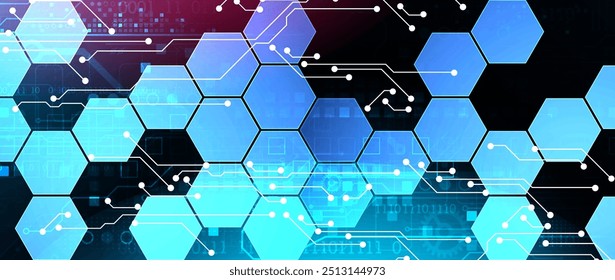 Abstract circuit board and hexagons on gradient color background. Hi-tech digital technology concept. Vector