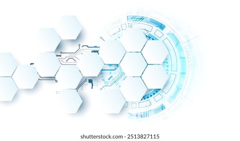Placa de circuito Abstractas y hexágonos sobre fondo de color degradado. Concepto de tecnología digital de alta tecnología. Vector
