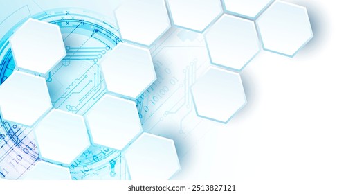 Placa de circuito abstrata e hexágonos no plano de fundo da cor do gradiente. Conceito de tecnologia digital de alta tecnologia. Vetor