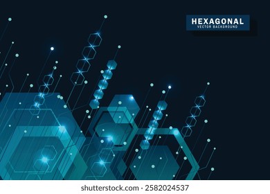 Abstract circuit board and hexagons on dark blue background. Hi-tech digital technology concept