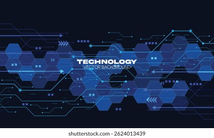 Abstract circuit board and hexagons on dark blue background. Hi-tech digital technology concept