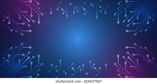 The abstract circuit board is on a blue background. Hi-tech digital technology and engineering concept. Wide technology communication. 