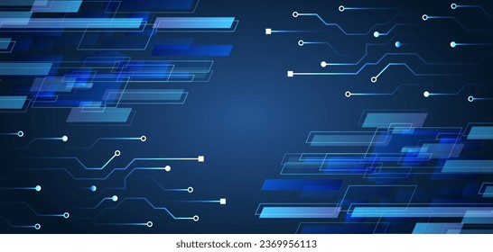 The abstract circuit board is on a blue background. Hi-tech digital technology and engineering concept. Wide technology communication. Futuristic design for banner or presentation.