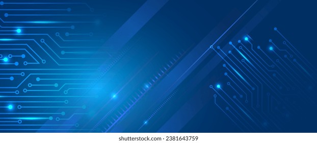 The abstract circuit board is on a blue background. Hi-tech digital technology and engineering concept. Wide technology communication. Futuristic design for banner or presentation. 