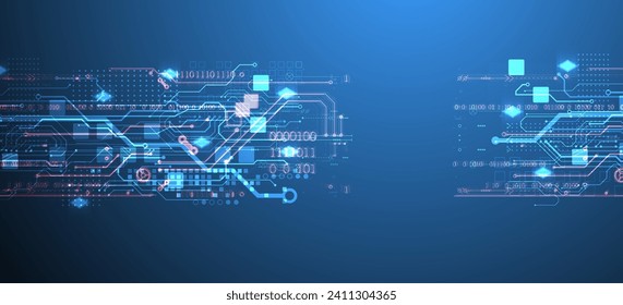 Abstract circuit board on gradient color background. Hand drawn digital technology concept. Vector