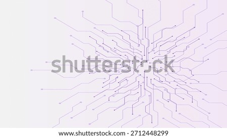 Abstract circuit board pattern radiating from the center. High-tech concept for digital data processing, AI, neural networks, and technology backgrounds.