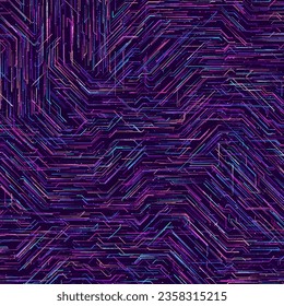 Abstrakte Platine mit zufälligen bunten Streaming Neonlinien. Künstliche Intelligenz oder futuristischer Hintergrund für große Datenmengen. Vektorgrafik