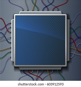 Abstract circuit board with square electronic display and wires. Vector illustration with place for text.
