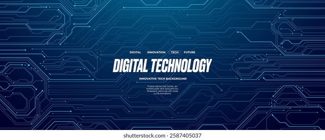 Abstract circuit board wires in light blue on dark navy technology background. Artificial Intelligence banner concept. Futuristic AI tech bg. Digital line pattern. Computer Vector illustration.