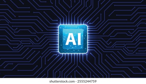 Abstract Circuit Connected Line with Neural processor in blue background For AI, CPU and all others Technological Purposes.
