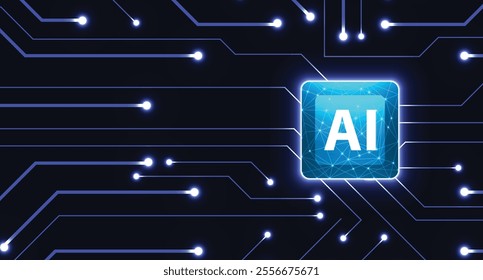Abstract Circuit Connected Line with Neural processor in blue background For AI, CPU and all others Technological Purposes.