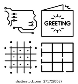 Abstraktes Schaltplan-Diagramm, festliche Grußkartenkontur, gepunktetes Gitter-Ausrichtungsmuster und modulares quadratisches Layout-Symbolsatz
