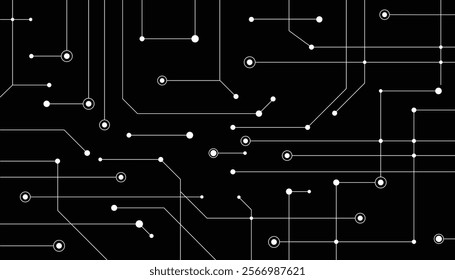 Abstract Circuit Network with White Lines and Dots on Black Background