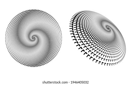 Abstract circular arrows vector backgrounds. Halftone effect. Spiral dotted background or icon designs. Yin and yang style. Distorted circle with perspective.