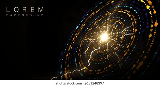 Fundo circular abstrato com flash brilhante e relâmpagos elétricos no centro, rodeado por órbitas de pontos brilhantes sobre um fundo preto. Fundo vetorial para desenho digital