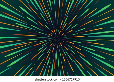 Abstract circular background with Neon geometric speed Light rays. Starburst dynamic lines pattern, 3D rendering. Stock vector illustration on dark background.	
