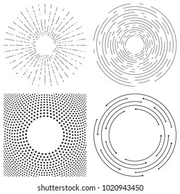 Abstract circular backgrounds. Set of vector elements. Circular frames for text or decoration. Black pattern on a white background. Circular textures from concentric lines and dots for creative design