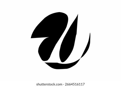 Abstraktes, kreisförmiges, schwarzes Pinselstrichdesign mit dynamischen Formen auf weißem Hintergrund, ideal für moderne Kunst, Logo, Branding oder minimalistische Kreativprojekte.
